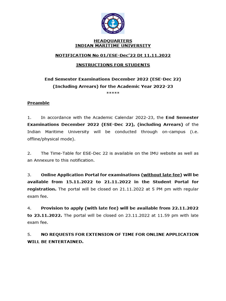 Instructions For Dec'22 ESE - 11112022 | PDF