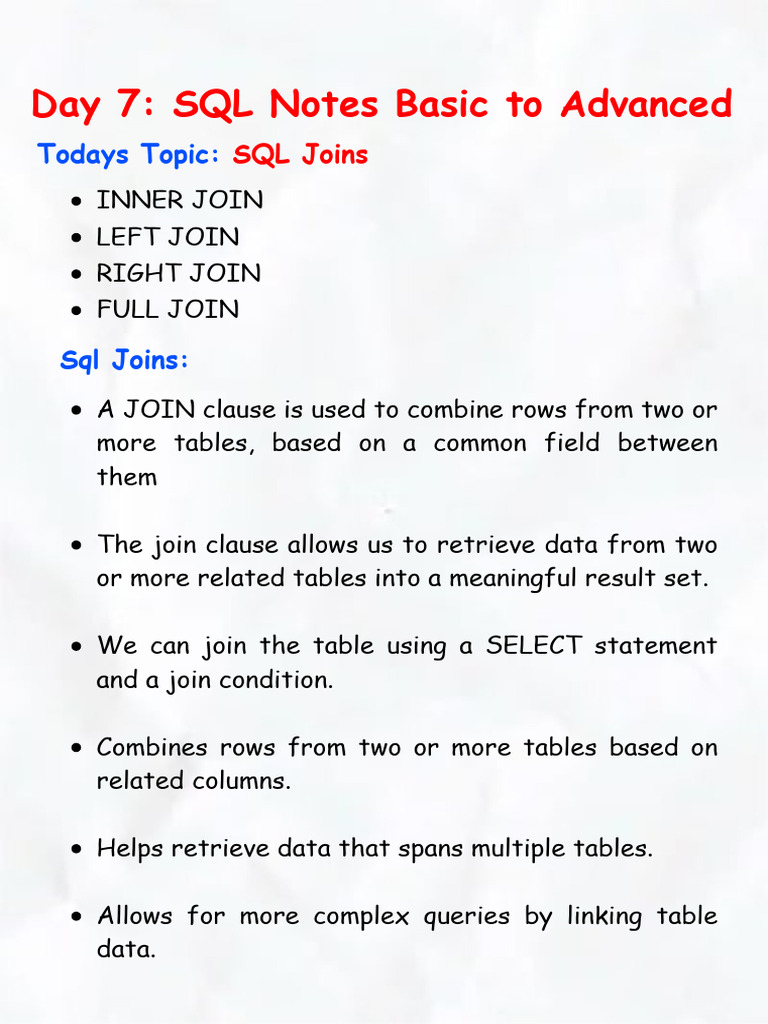 Day 7 SQL Short Notes (SQL Joins) | PDF