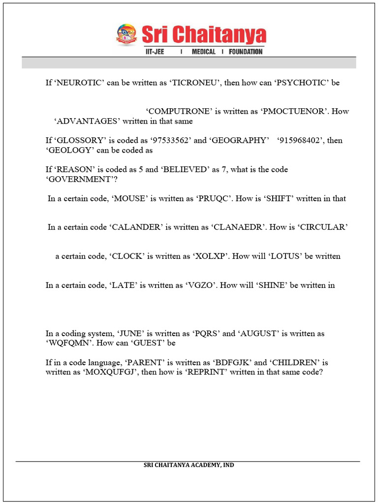 Class 8th MAT Coding Decoding DPP | PDF