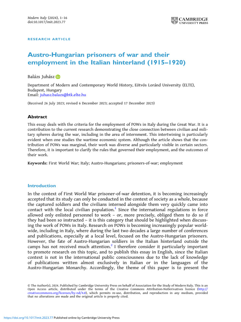 Austro Hungarian Prisoners of War and Their Employment in The Italian ...