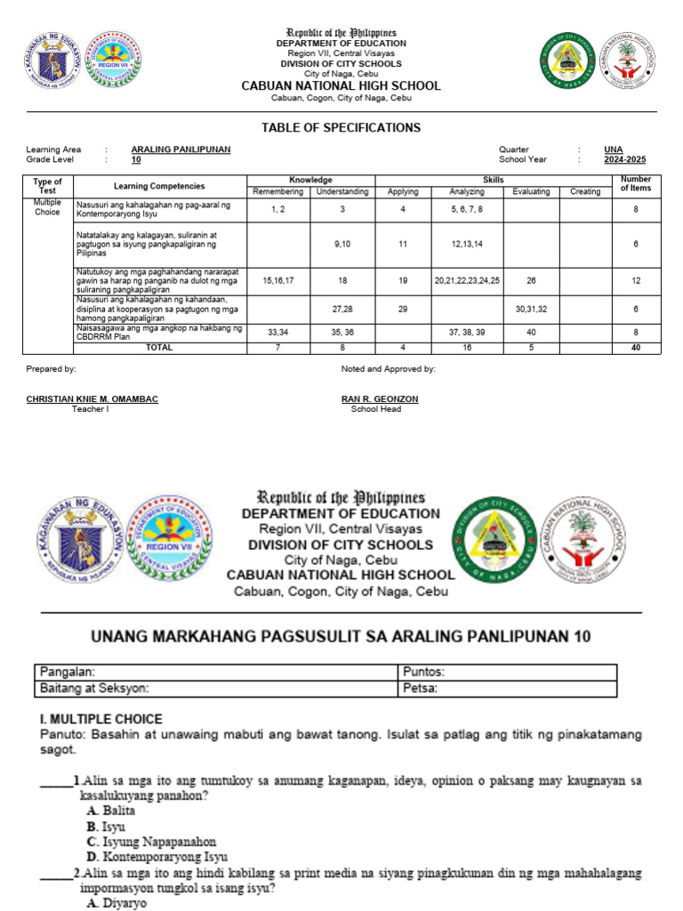 Ap 10 Tos and TQ 1ST Periodical | PDF