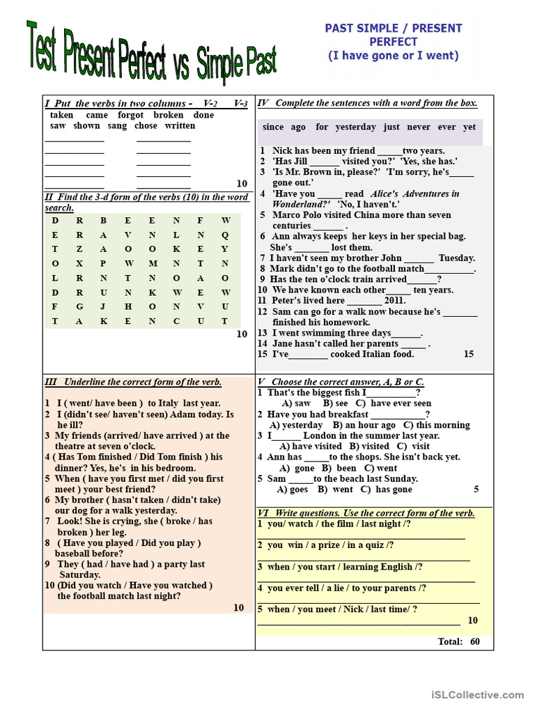 Test Present Perfect Vs Simple Past Pdf