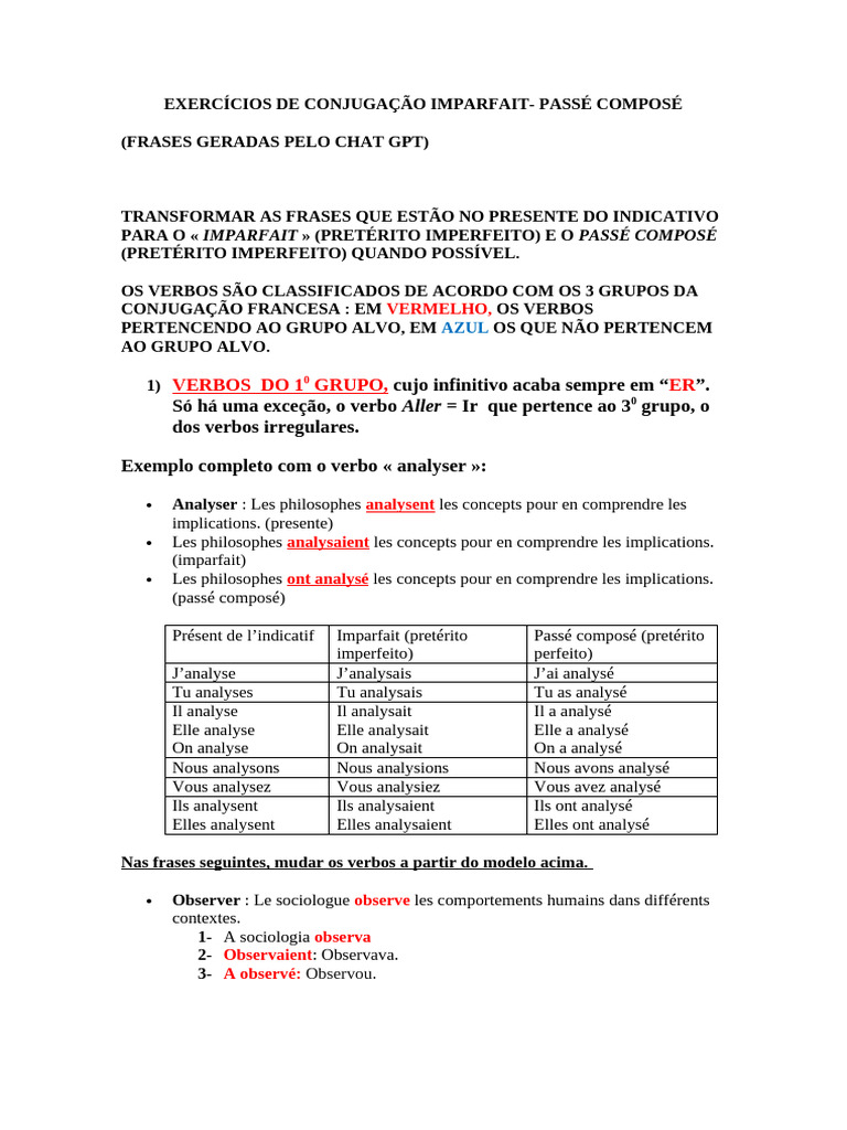 Exercícios Imparfait - Passé Composé | PDF