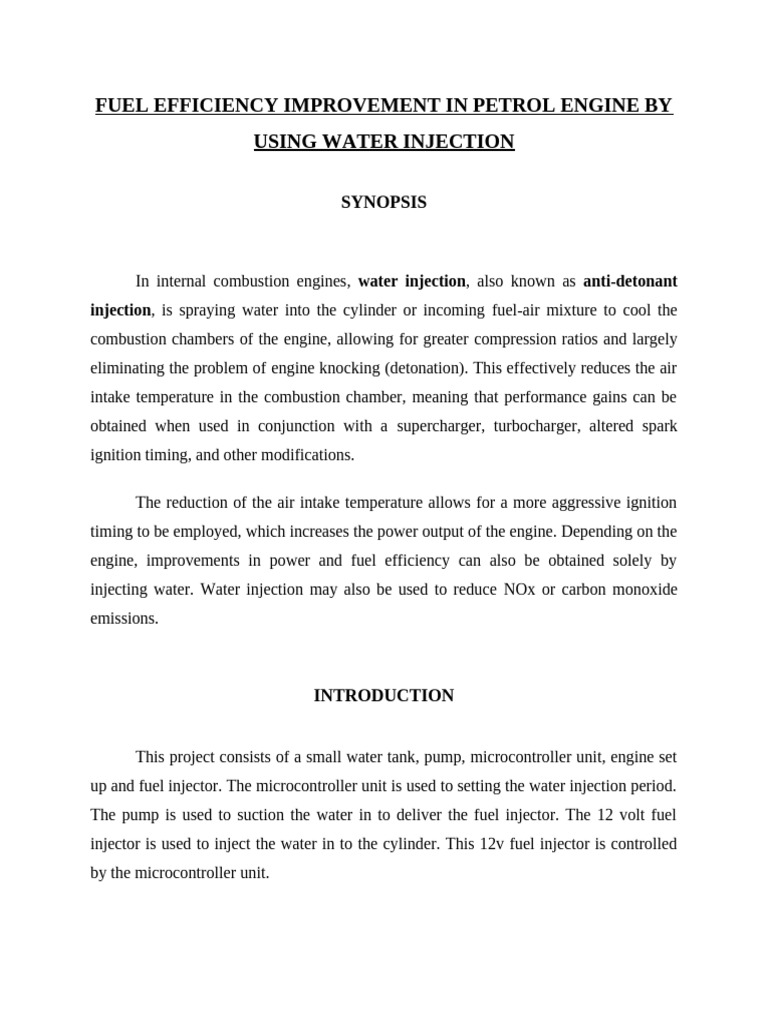 Fuel Efficiency Improvement in Petrol Engine by Using Water Injection | PDF