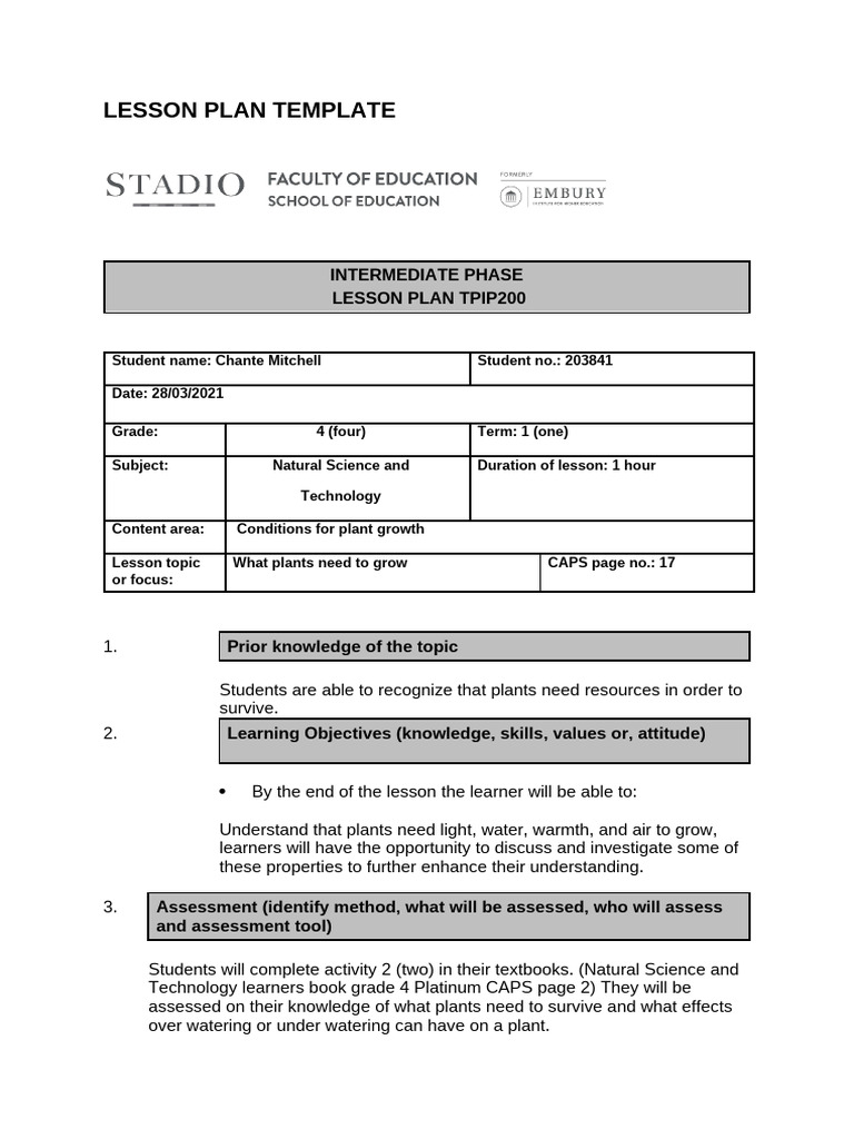 Grade 4 Lesson Plan: Plant Growth Essentials | PDF | Learning | Science ...