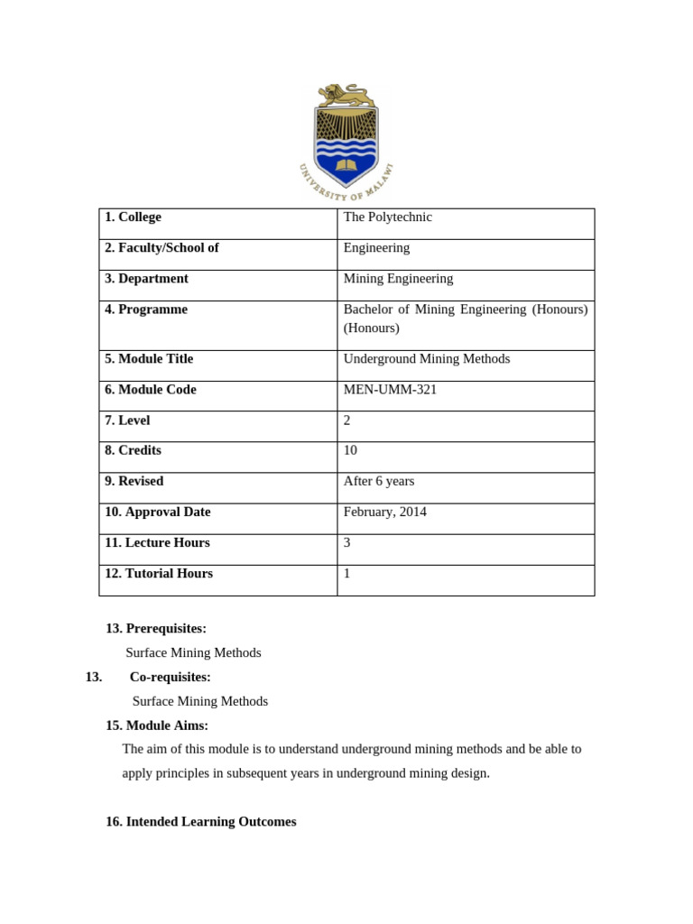Underground Mining Methods BMEN3 BMMP3 | PDF