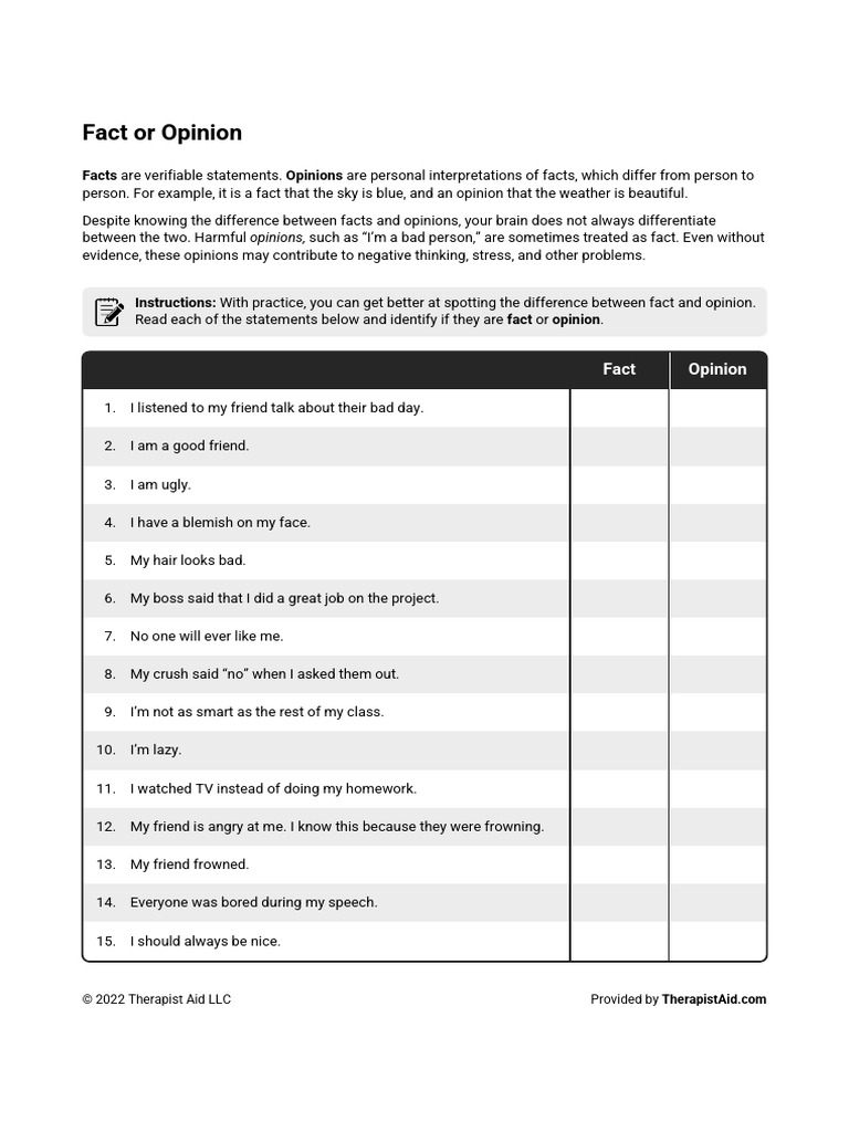 https:www therapistaid com:worksheets:fact or opinion PDF