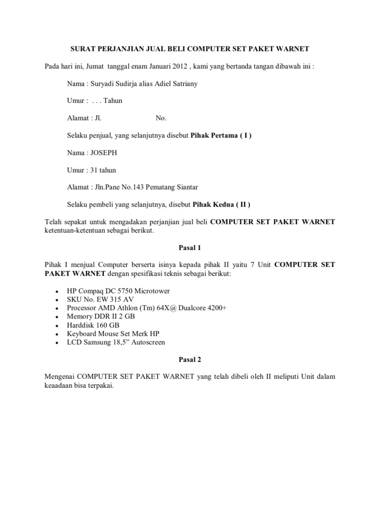 Surat Perjanjian Jual Beli Computer Set Paket