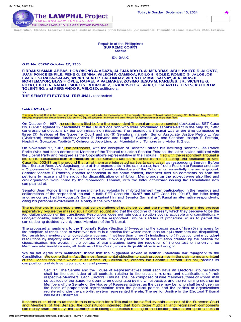 Abbas v. SET 166 SCRA 651 1988 Judicial and Legislative Participation | PDF