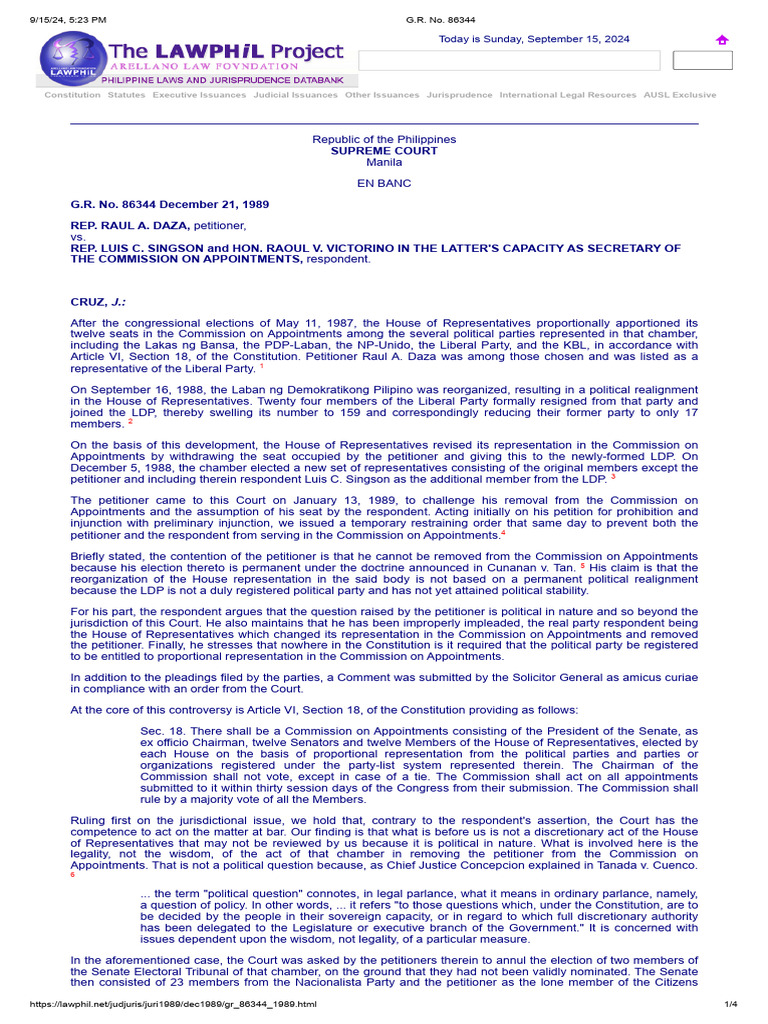 Daza v. Singson - 180 SCRA 496 (1989) | PDF