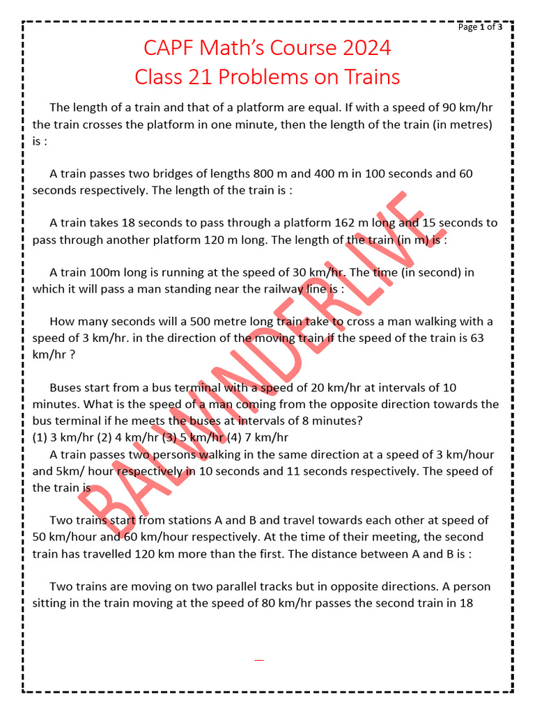 Class 21 problems on trains pdf