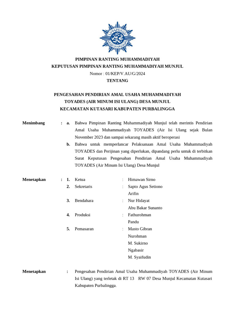 SK Pimpinan Ranting Muhammadiyah Tentang Toyades | PDF