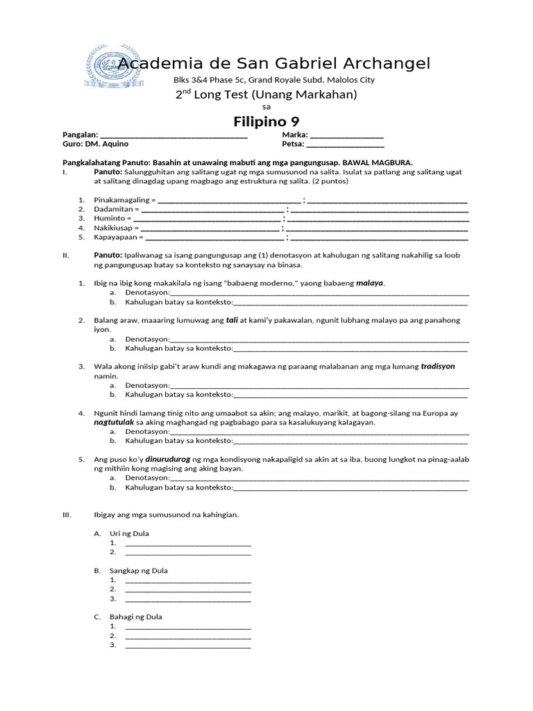 FIL 9 Q1 Long Test 2 | PDF