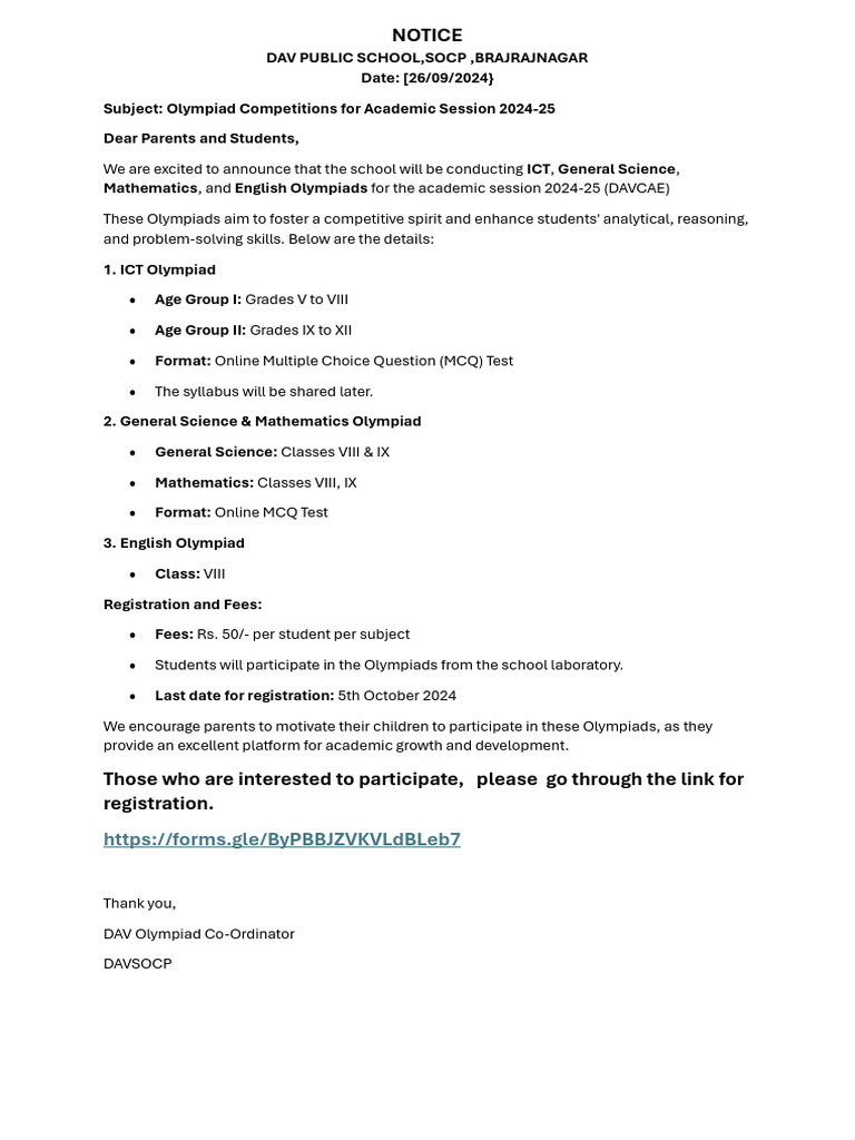 NOTICE For DAV Olympiad | PDF