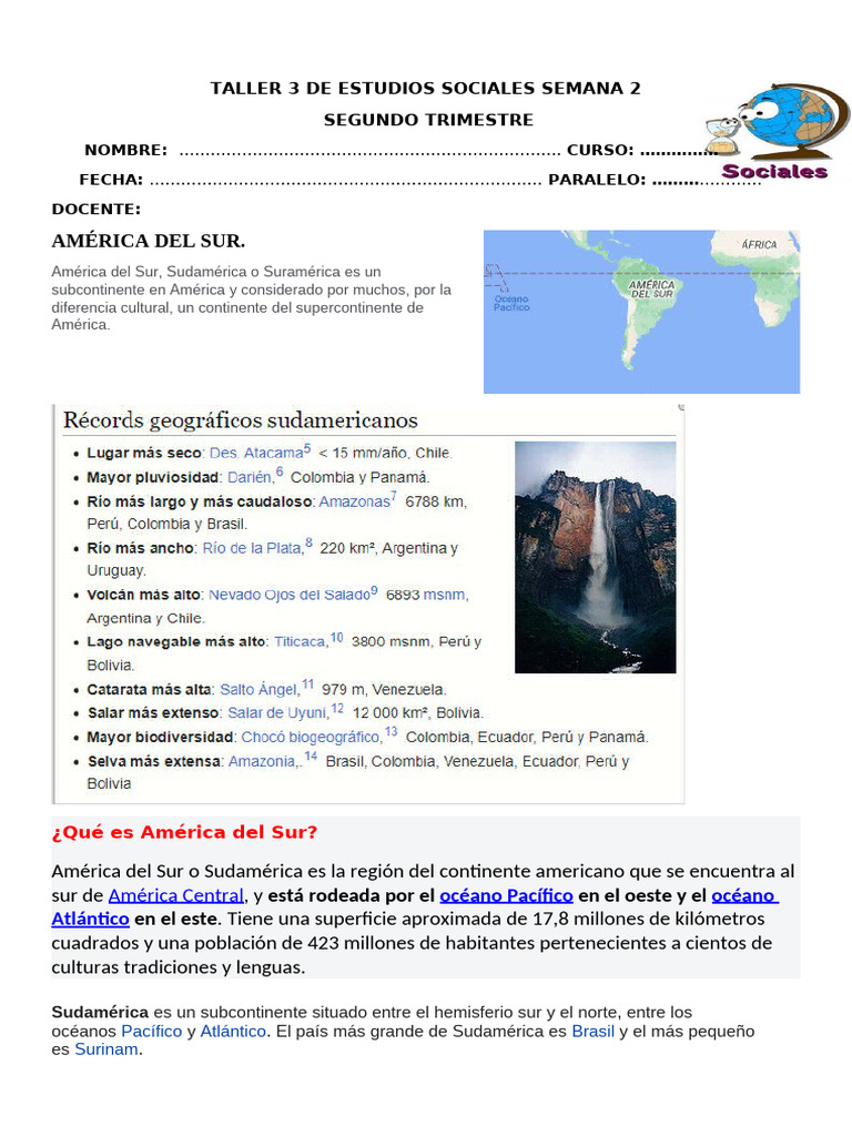 Estudios Sociales Taller 2 | PDF | Américas | América del Sur