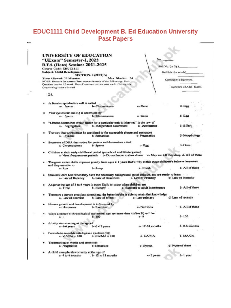 EDUC1111 Child Development B. Ed Education University Past Papers | PDF