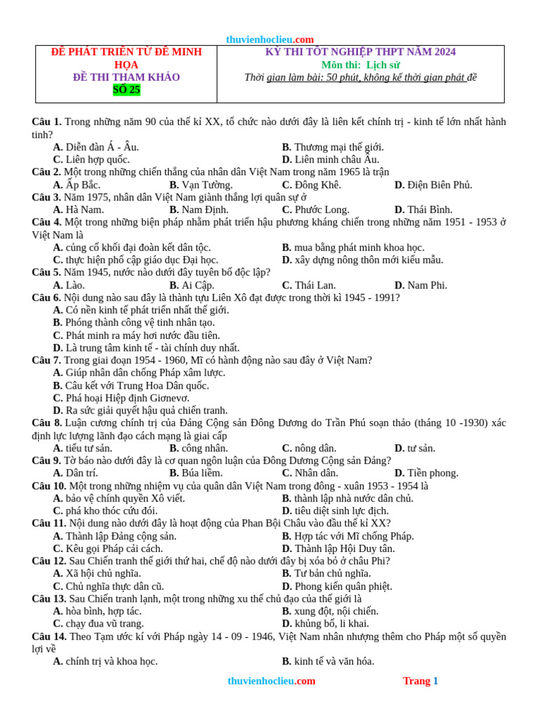 De Thi Thu TN THPT 2024 Lich Su Phat Trien Tu de Minh Hoa de 25 | PDF