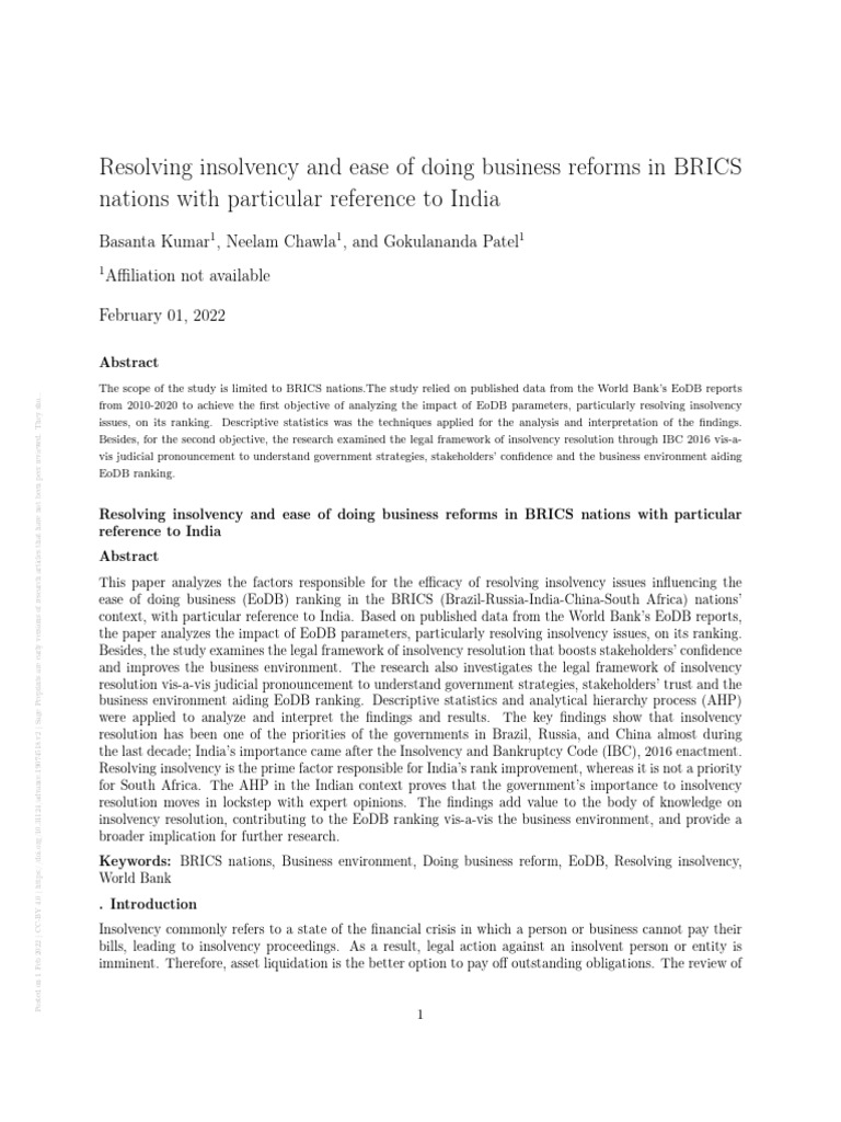 Resolving Insolvency and Ease of Doing Business Reforms in BRICS ...