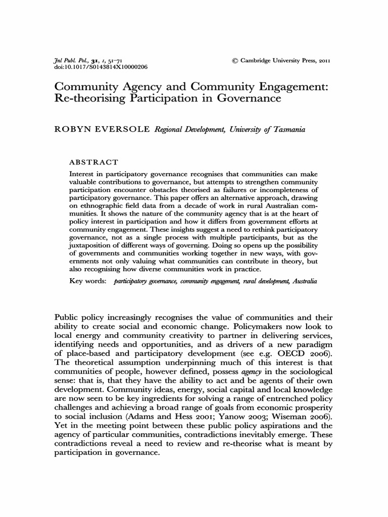 Community Agency and Community Engagement - Re-Theorising Participation ...