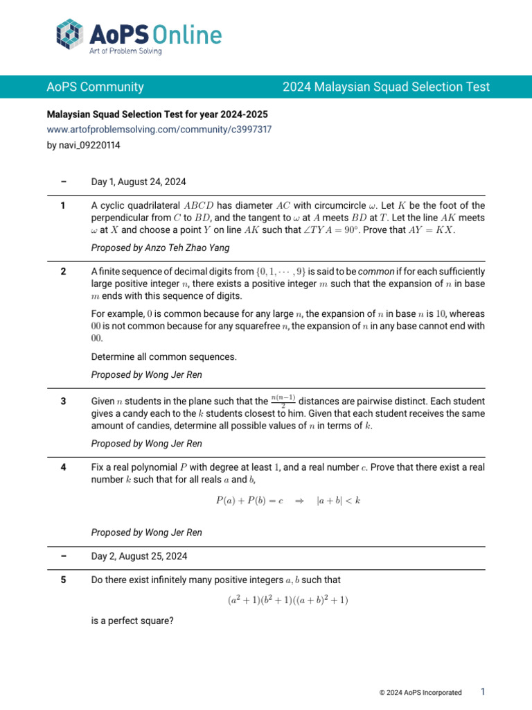 Aops Community 2024 Malaysian Squad Selection Test | PDF