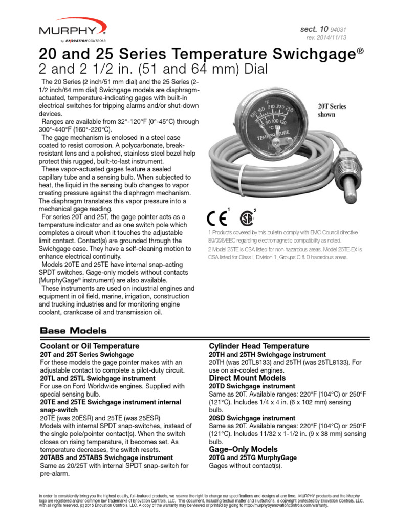 20 and 25 series temperature swichgage 2 and 2 1 2 in 51 and 64 mm