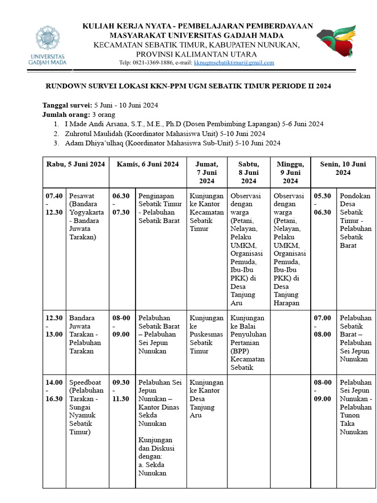 Rundown Survei Lokasi KKN-PPM UGM Sebatik Timur 2024 | PDF