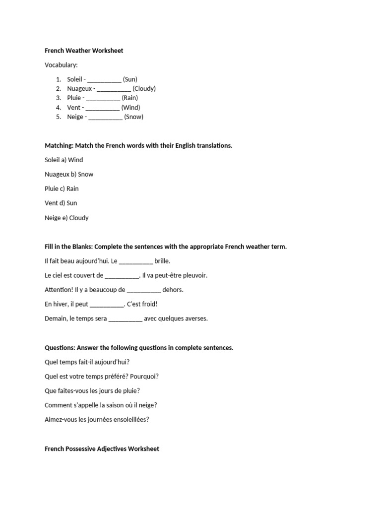 French weather worksheet pdf
