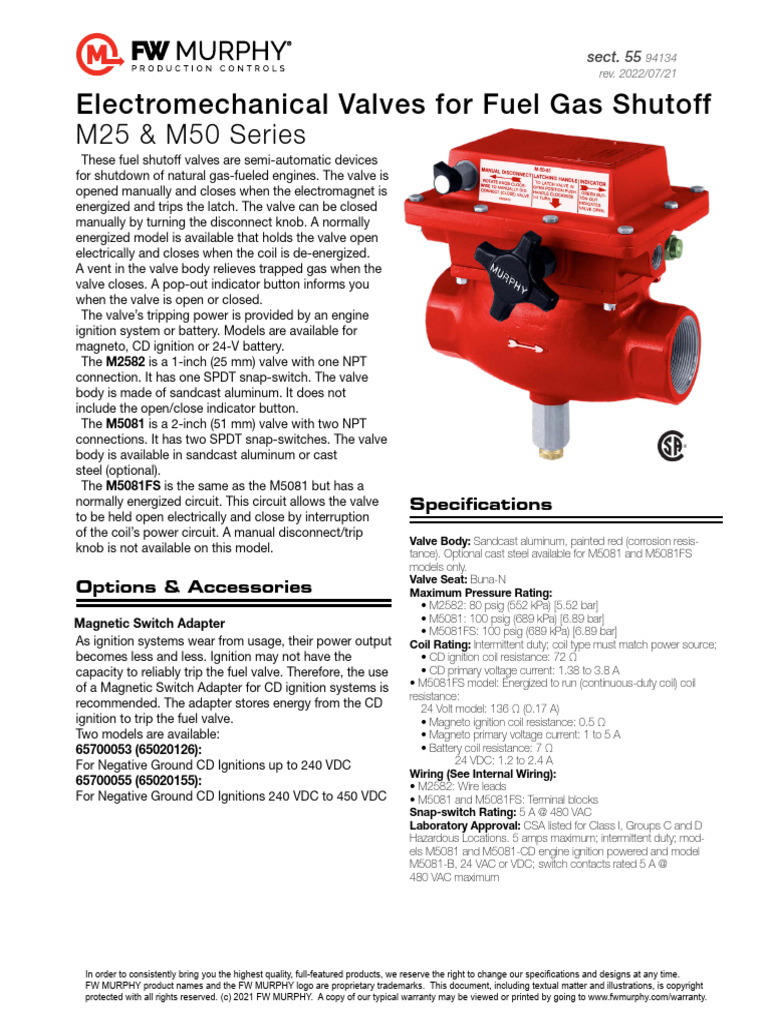 Electromechanical Valves for Fuel Gas Shutoff M25 & M50 Series | PDF