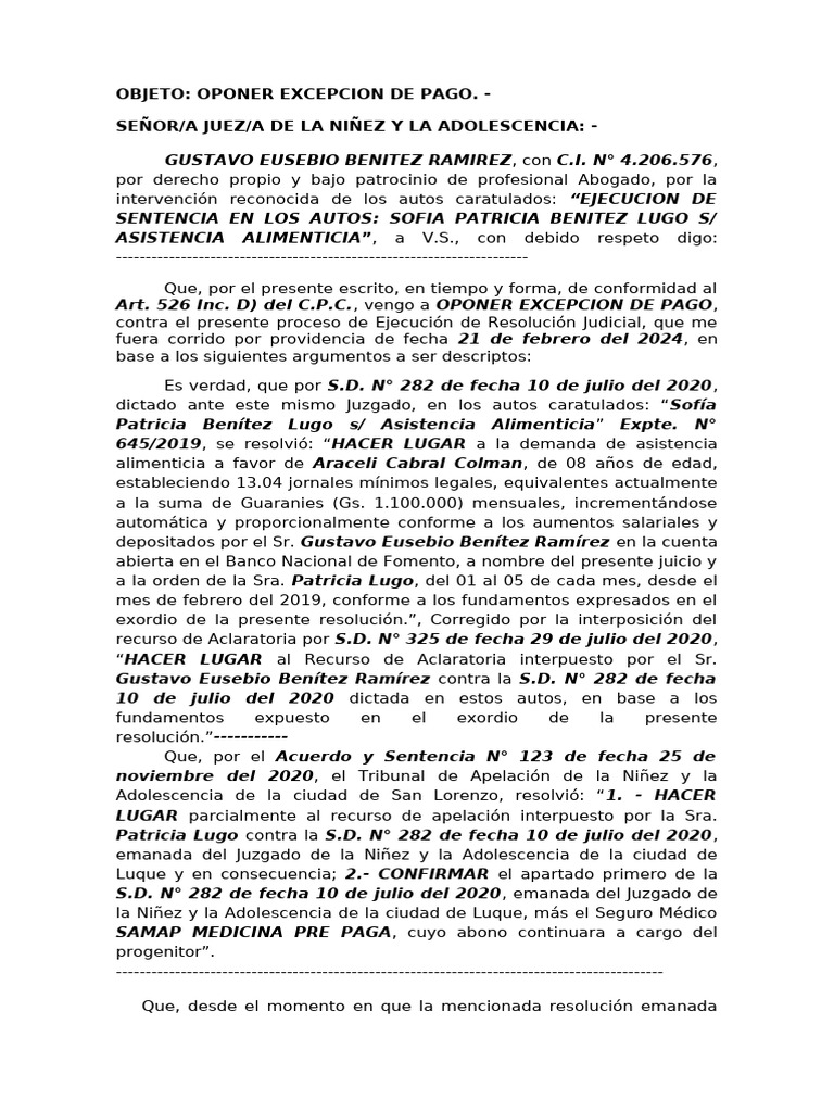 Excepcion de Pago para Ejecucion de Sentencias | PDF