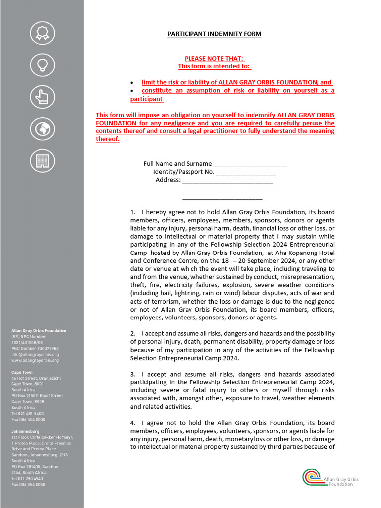 Indemnity Form - FS Entrepreneurial Camp A 2024 | PDF