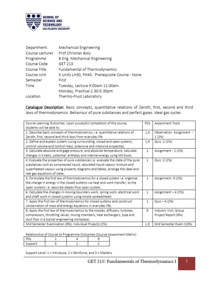 Course Matrix - GET 213 - Fundamental of Thermodynamics - OBE | PDF