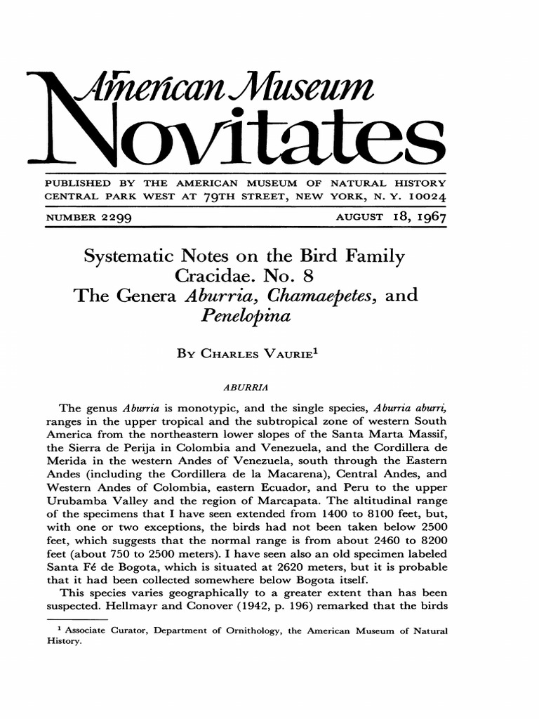 Systematic notes on the bird family cracidae no 8 the genera aburria
