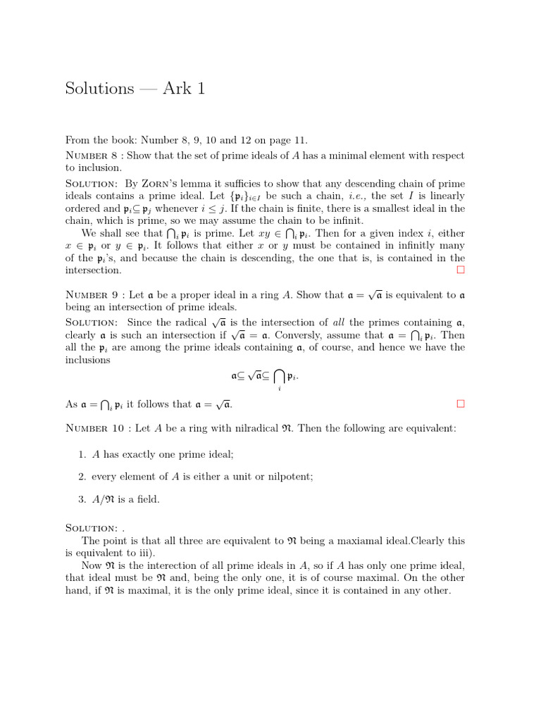Solutions Ark 1 | PDF | Ring (Mathematics) | Factorization