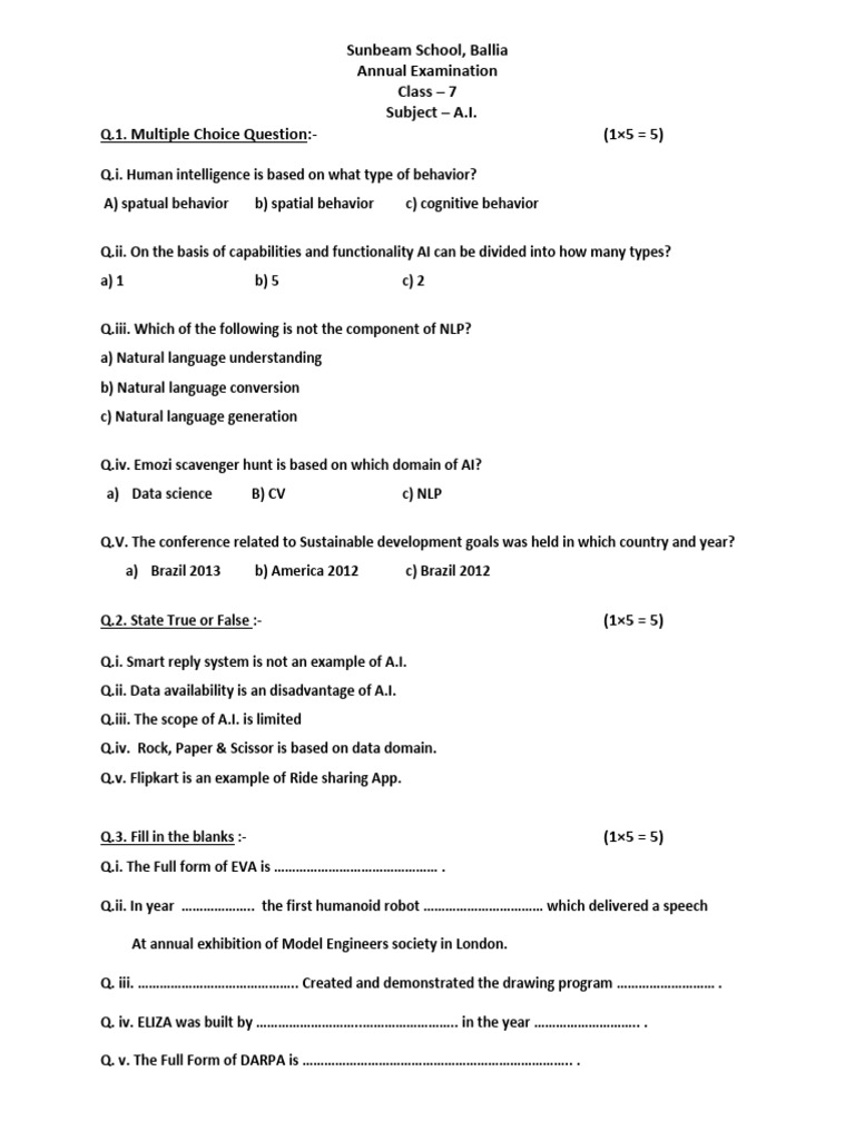 A.I. Class - 7 Annual Paper | PDF