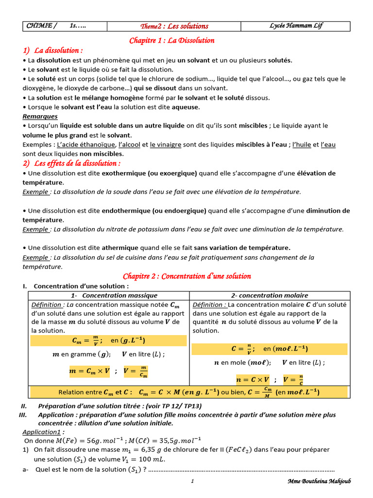 Chimie Theme 2 Ch1 1ere Annee La Dissolution Cocentration D'une ...