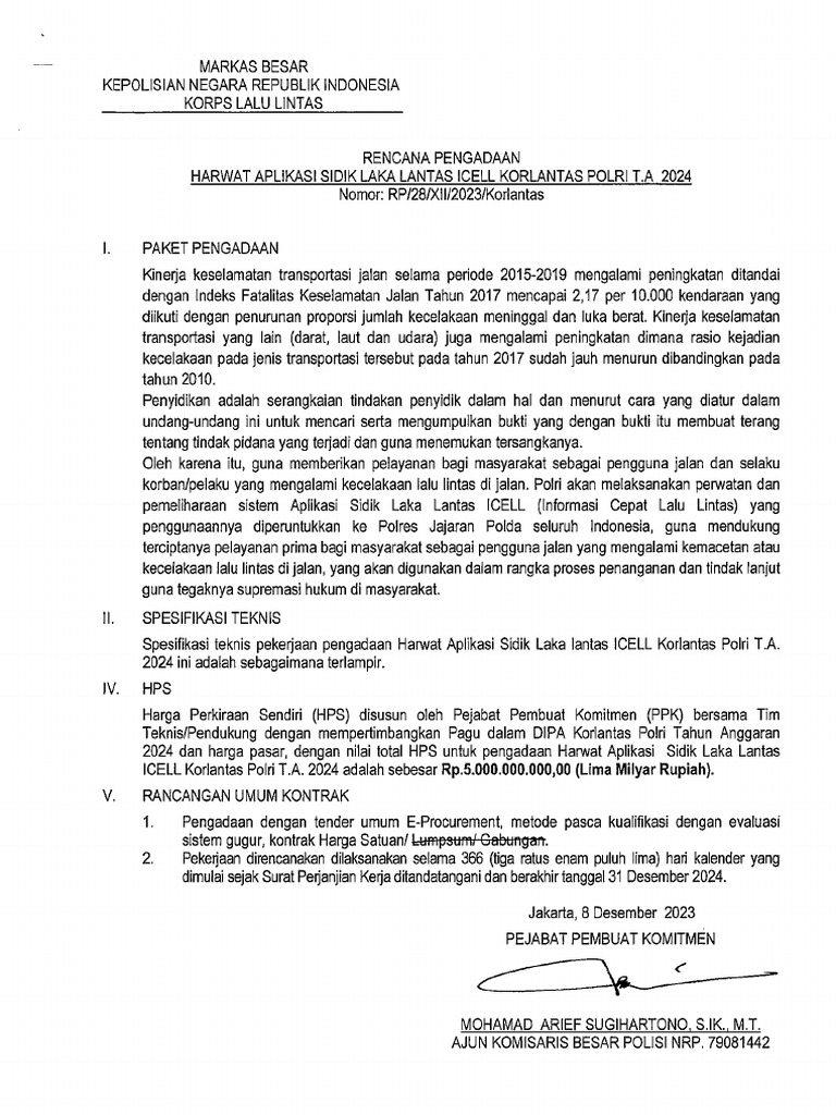 Rencana pengadaan harwat aplikasi sidik laka lantas icell korlantas