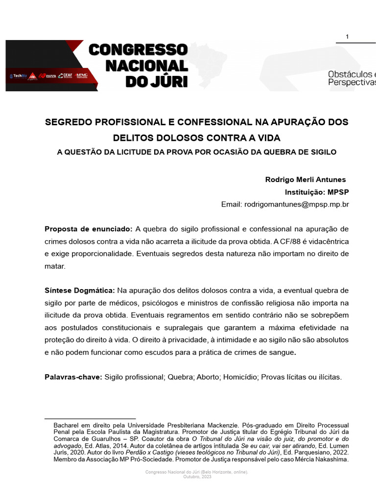 Segredo Profissional e Confessional Na Apuracao Dos Delitos Doloso ...