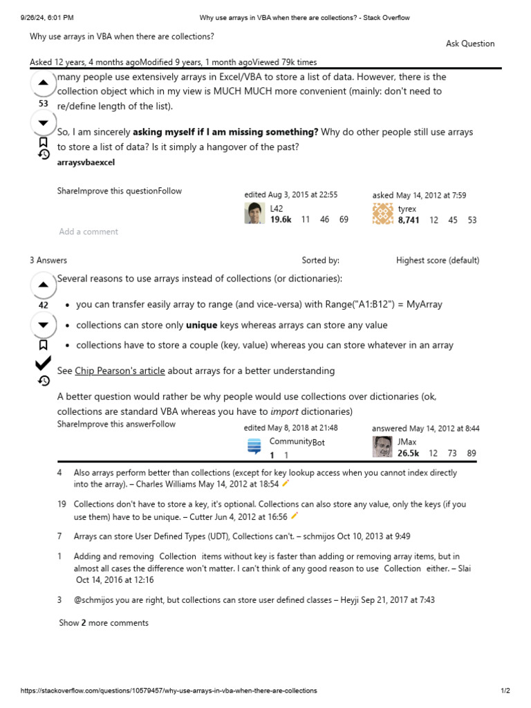 Why Use Arrays in VBA When There Are Collections - Stack Overflow | PDF