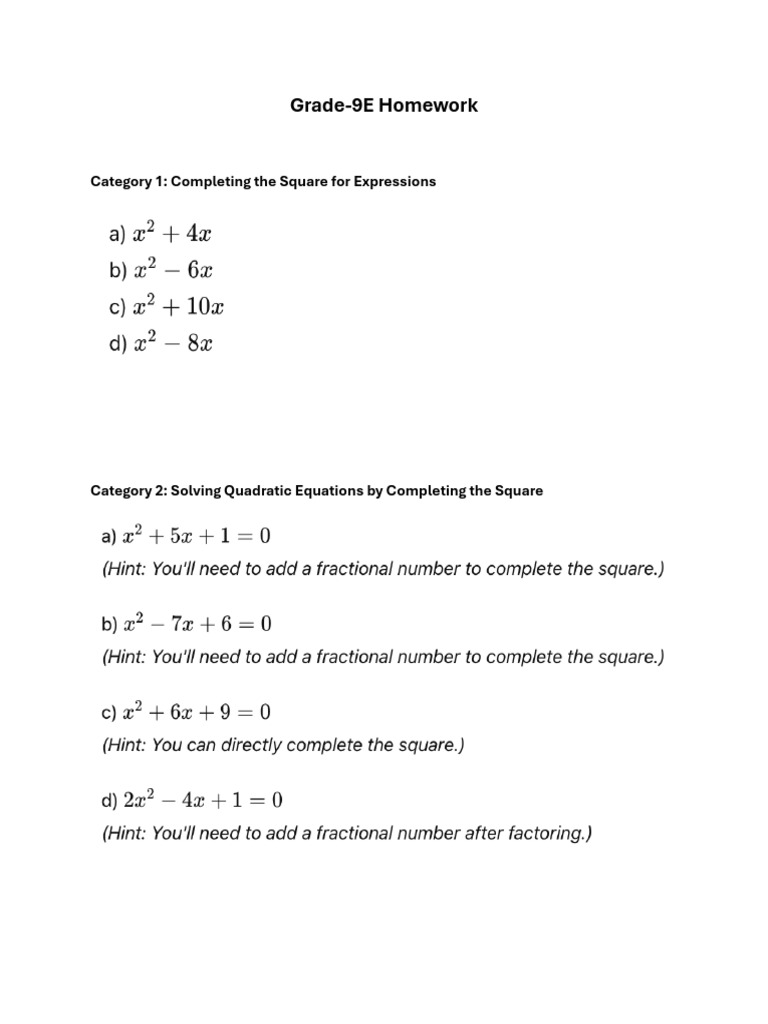 Grade 9e homework completing square method pdf