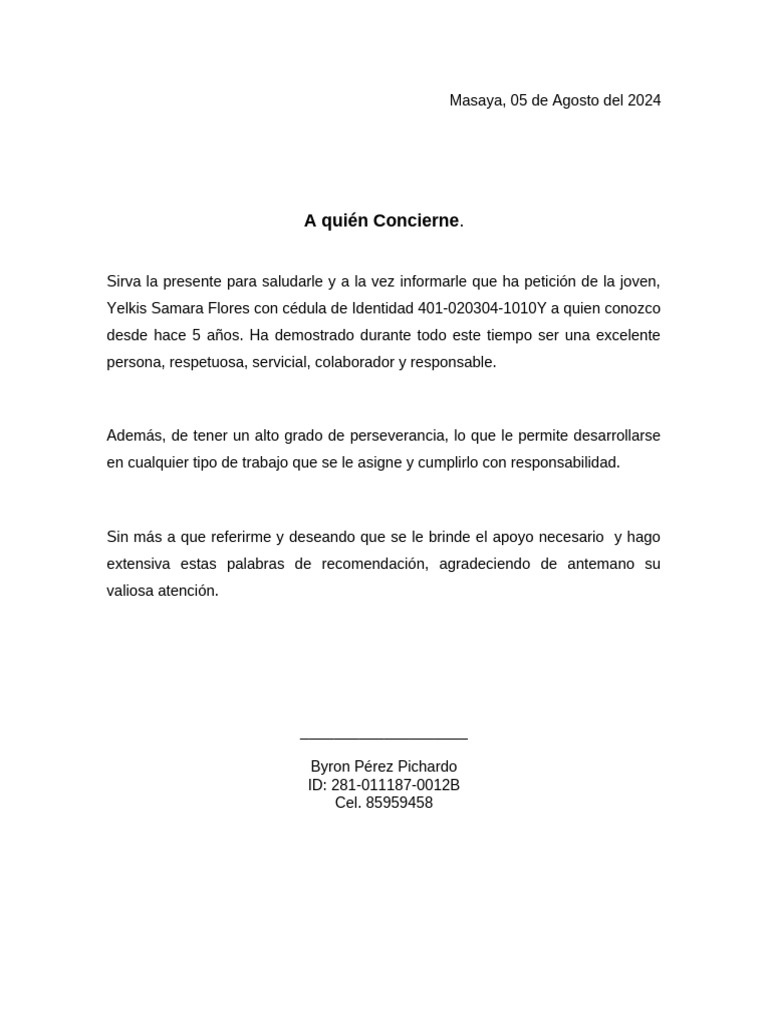 Modelo De Carta De Recomendacion Profesional