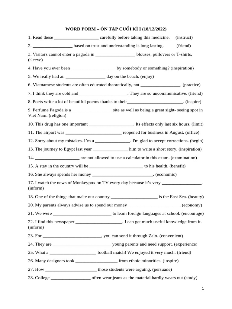 Word Form Revision - Final 1ST Semester | PDF