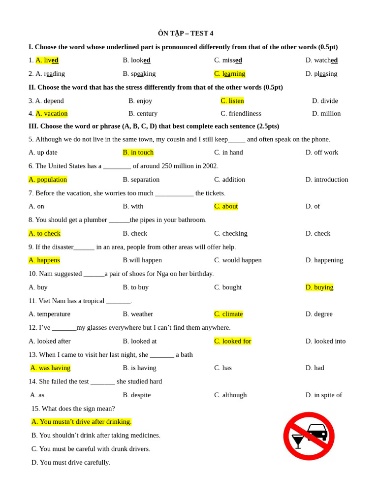 ÔN TẬP - TEST 4 - KEY | PDF