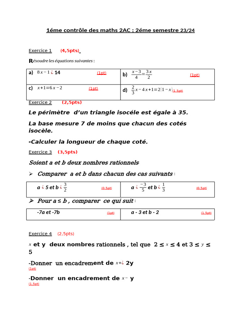 Contrôle 1 Maths 2AC Semestre 1 | PDF
