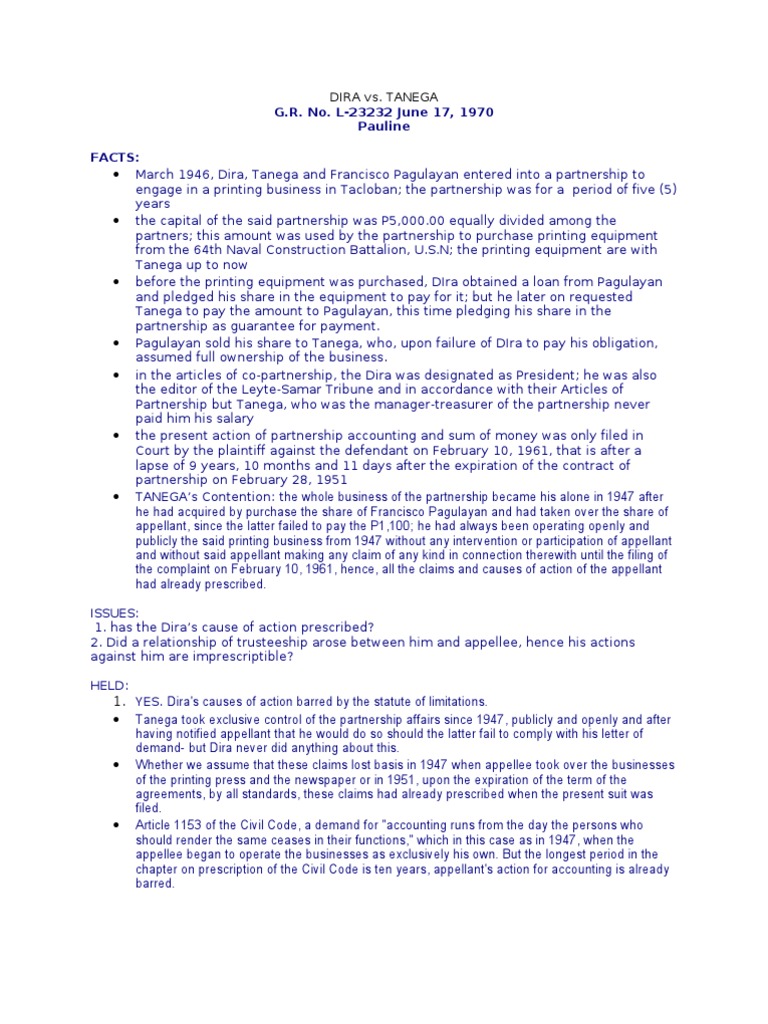 DIGEST Dira vs. Tanega PDF Statute Of Limitations Adverse