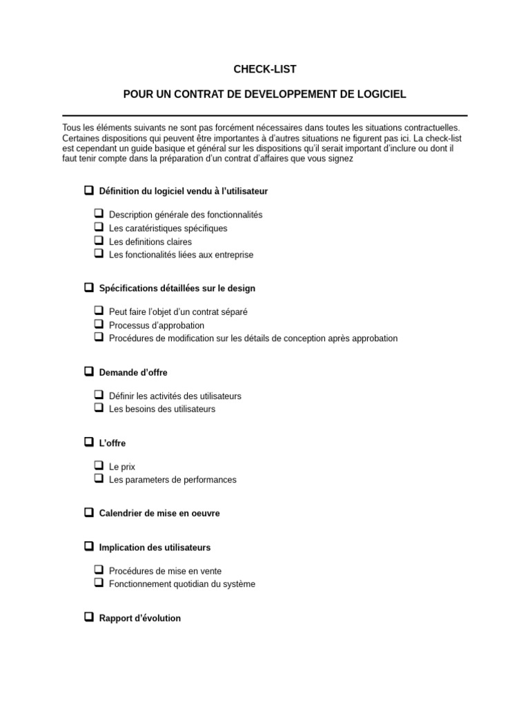 Checklist - Contrat de Développement de Logiciel | PDF