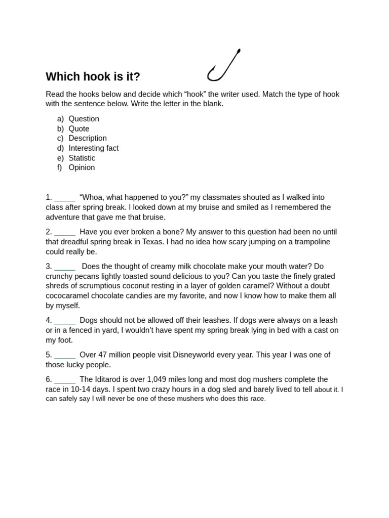 Hooks Worksheet | PDF