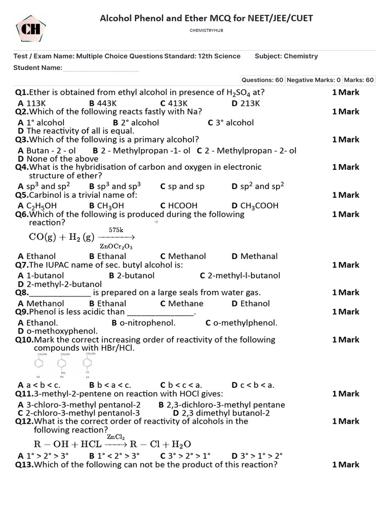 Alcohol Phenol and Ether 60 MCQ | PDF