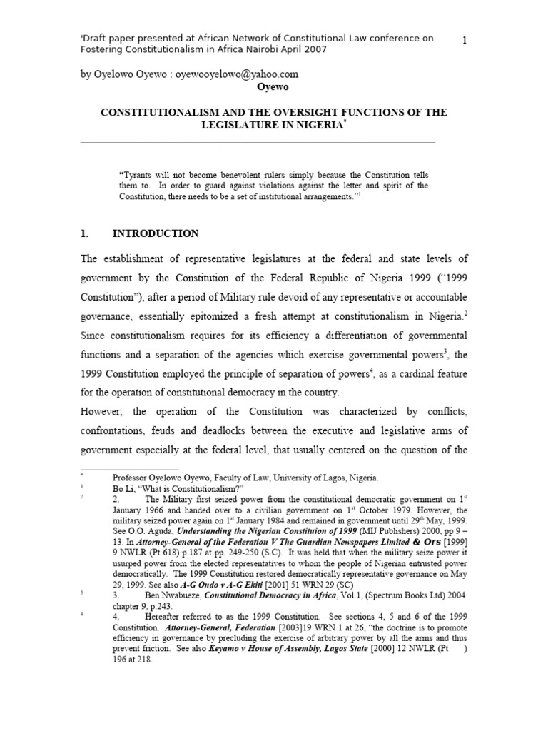 Oversight Function Of The Legislature In Nigeria