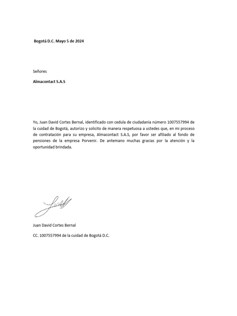 CARTA DE SOLICITUD DE AFILIACION A FONDO DE PENSIONES PDF