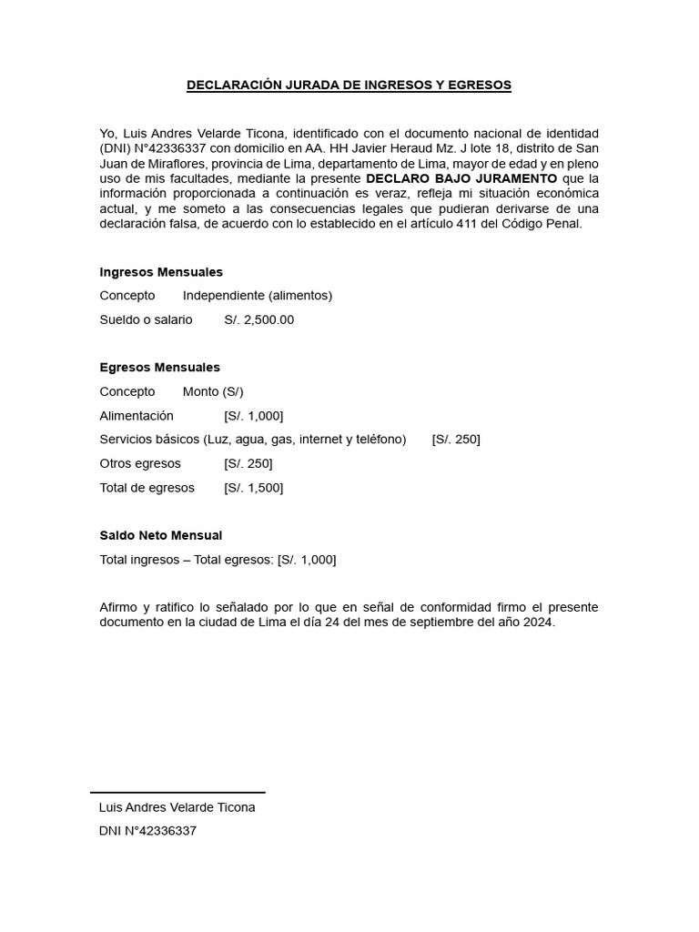 Declaración Jurada de Ingresos y Egresos | PDF